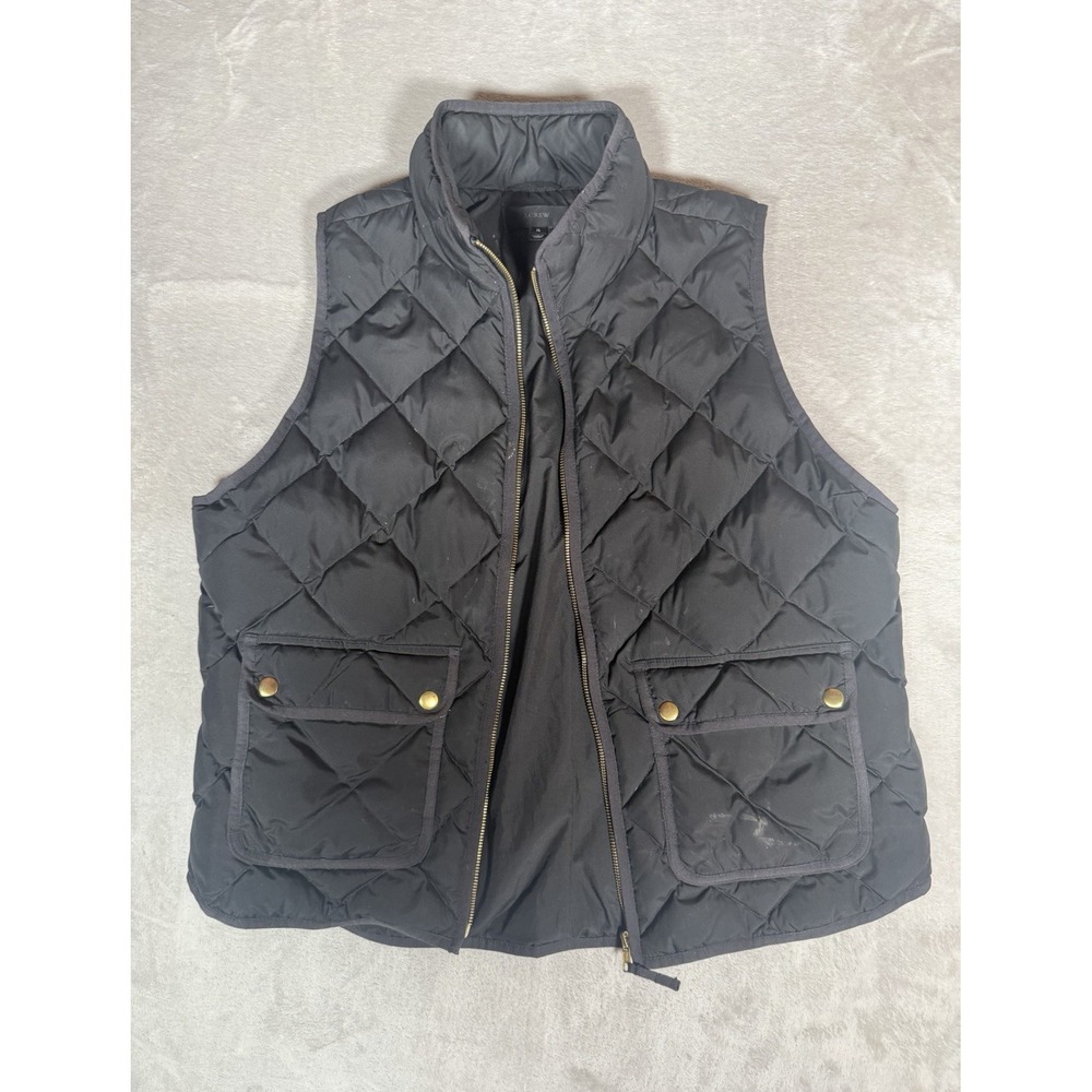 J.CREW Women's Down Filled Quilted Vest Black Full Zip Sleeveless Regular XL